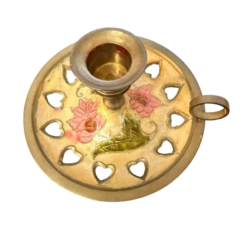 Vintage Brass Chamber Stick | Cloisonné Candle Holder | Enameled Flower Motif